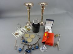 Group of mixed collectables including two silver trumpet vases, sterling silver jewellery, vintage