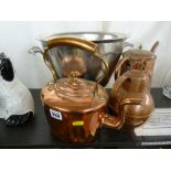 Victorian copper kettle, a hotwater pot, a 'Martins, Guernsey' milk container and cover and a modern