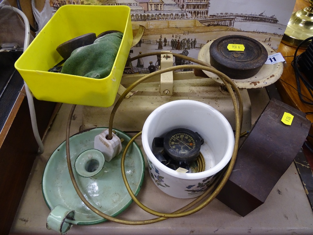 Mixed parcel of weighing scales and weights (some missing), small mantel clock, brass effect