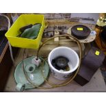 Mixed parcel of weighing scales and weights (some missing), small mantel clock, brass effect