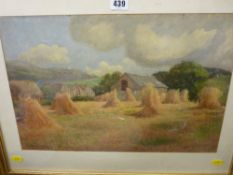 JOHN R LEWIS watercolour - stooked corn, 29 x 44 cms