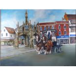 RHYS JENKINS oil on canvas - busy street scene (Chester?) with two horses, dray cart and handler