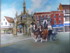 RHYS JENKINS oil on canvas - busy street scene (Chester?) with two horses, dray cart and handler