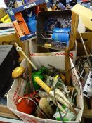 Two boxes of garden and garage items including small oil can, hand tools and a parcel of short