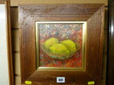 JOY FARRALL JONES RCA mixed media - still life study 'Three Lemons in a Bowl', 16 x 17 cms