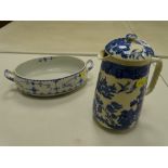 Blue and white twin handled Staffs food server and a Willow lidded jug