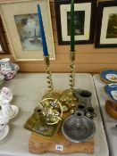 Modern chopping block board, pair of brass open twist candlesticks and other vintage brassware and