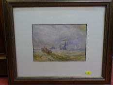 In the manner of DAVID COX watercolour - boats in rough sea, 17 x 25 cms