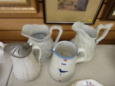 Victorian Ridgway pottery relief moulded jug depicting knights in armour, two others and a modern