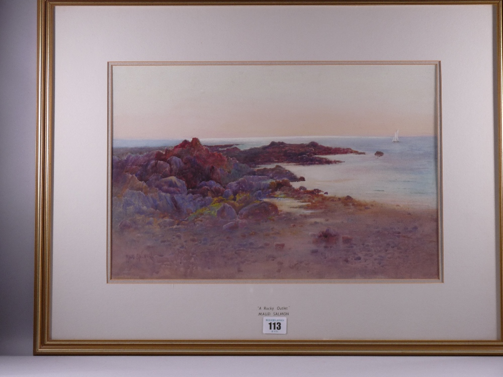 MAUD SALMON watercolour - Welsh rocky coastalscape with yacht, signed, 29 x 44 cms