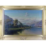 W B PRESTON oil on canvas - lakeland scene with sheep and cattle on the riverbank before