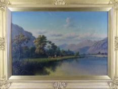 W B PRESTON oil on canvas - lakeland scene with sheep and cattle on the riverbank before