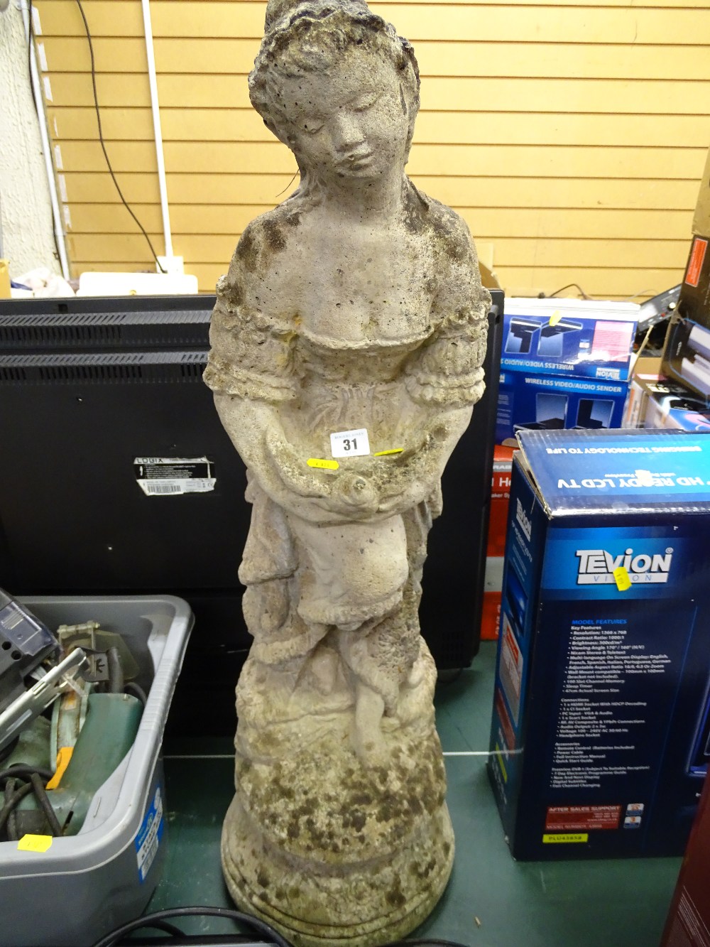 Garden statue of a lady with dove, approx 33 ins high