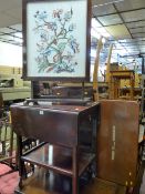 Two tier trolley with single end drawer, an embroidered folding firescreen, two door cabinet, cane