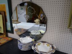 Art Deco style bevelled wall mirror and a small parcel of Alfred Meakin dessert china