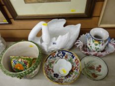 Large pottery swan, Amherst fruit bowl, selection of pottery planters etc