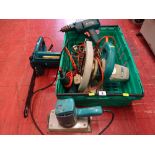 Crate of Black & Decker DN412 chainsaw, Wolff angle grinder and other electrical items E/T