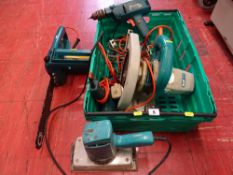 Crate of Black & Decker DN412 chainsaw, Wolff angle grinder and other electrical items E/T
