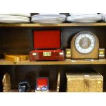 High lacquered jewellery box, polished mantel clock etc