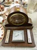 Vintage mantel clock and an oak mounted barometer/thermometer etc