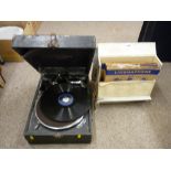 Wind-up picnic gramophone, cased quantity of records etc