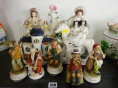 Five porcelain musical figures, a Staffs cottage and four flatback figurines