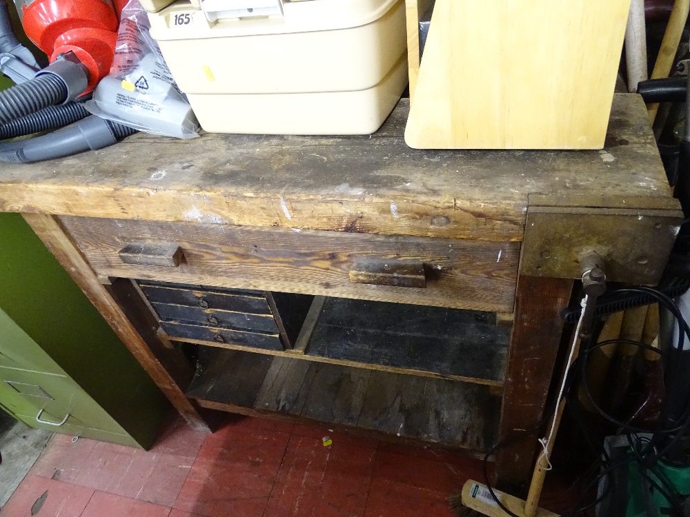 Wooden workbench with built in vice, single drawer and four lower drawers