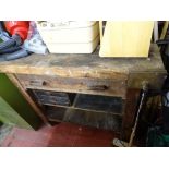 Wooden workbench with built in vice, single drawer and four lower drawers