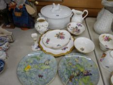 Selection of floral, bird and insect decorated cabinet ware, a Crown Staffs relief jug and a Royal