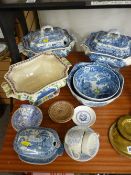 Three large Masons pottery tureens, two with lids, two Spode Italian blue and white fruit bowls