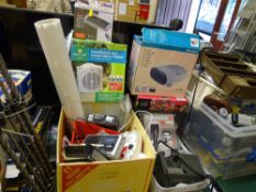 Box of various small electrical items, greenhouse conservatory heater, Remington clippers, Duracraft
