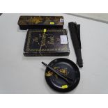 Oriental black japanned box, floral decorated fan, similar items and a box full of vintage keys,