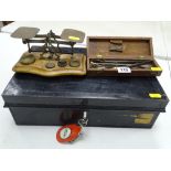Deed box with key (key with staff), a set of postal scales and weights etc