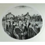 DAVID CARPANINI artist proof monochrome oval print - South Wales valley streets with four figures