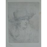 AUGUSTUS JOHN limited edition (45/750) etching - head & shoulders portrait of Dorelia in hat &