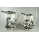 TWO DILLWYN & CO OCTAGONAL 'CUBA' JUGS with black transfer printed scenes and foliate decoration,