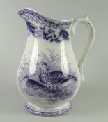 A LLANELLY 'AVIS' PATTERN JUG purple transfer printed with titled game and water-birds, 16cms high