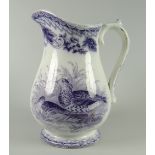 A LLANELLY 'AVIS' PATTERN JUG purple transfer printed with titled game and water-birds, 16cms high