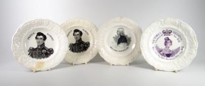FOUR SWANSEA DILLWYN POTTERY COMMEMORATIVE CHILD'S PLATES each with matching moulded borders and