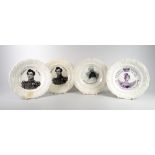 FOUR SWANSEA DILLWYN POTTERY COMMEMORATIVE CHILD'S PLATES each with matching moulded borders and