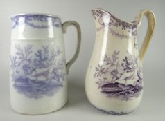 TWO LLANELLY POTTERY PURPLE TRANSFER NAUTILUS PATTERN JUGS the larger inscribed 'Ann Lewis A Present
