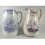 TWO LLANELLY POTTERY PURPLE TRANSFER NAUTILUS PATTERN JUGS the larger inscribed 'Ann Lewis A Present