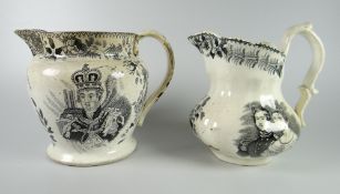 TWO BAKER BEVANS & IRWIN PERIOD SWANSEA COMMEMORATIVE MARRIAGE POUCH JUGS for William IV and Queen