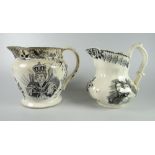 TWO BAKER BEVANS & IRWIN PERIOD SWANSEA COMMEMORATIVE MARRIAGE POUCH JUGS for William IV and Queen