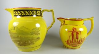 TWO SWANSEA CANARY YELLOW LUSTRE JUGS the larger with painted rural scene to either side, silver