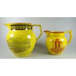 TWO SWANSEA CANARY YELLOW LUSTRE JUGS the larger with painted rural scene to either side, silver