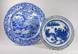 TWO BLUE & WHITE SWANSEA POTTERY PLATES being a Dillwyn & Co 'Ladies of Llangollen' example,