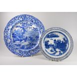 TWO BLUE & WHITE SWANSEA POTTERY PLATES being a Dillwyn & Co 'Ladies of Llangollen' example,