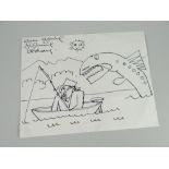 SIR KYFFIN WILLIAMS RA ink drawing on Basildon Bond note-paper - caricature of the artist fishing