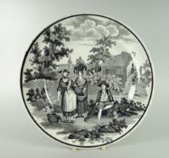 A RARE SWANSEA DILLWYN POTTERY 'LADIES WITH BASKETS' TRANSFER PLATE printed in monochrome, impressed